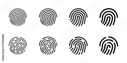 User finger scan icon set. Fingerprint touch biometric id symbol collection. Modern account thumbprint identification security sign. User recognition scanner badge. Black linear isolated vector logo photo