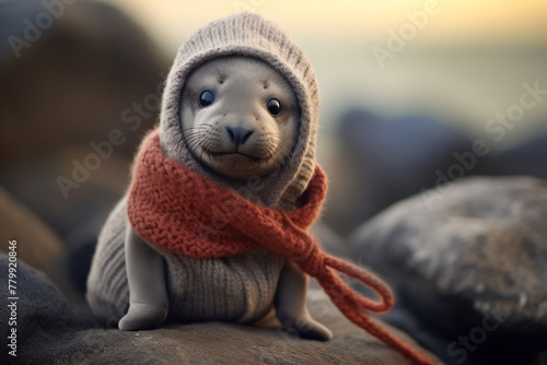 A tiny baby seal wearing a cozy sweater and a beanie, lounging on a rocky shore. © Hafsa