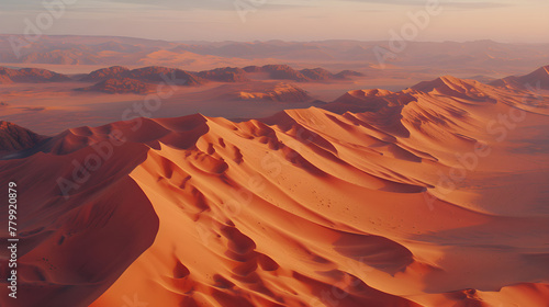 Desert landscape. Fantastic landscape on surface of planet Mars. Panorama of sunset in sand dunes  canyon  valley  mountains. Concept banner for exploring lifeless distant planets. Extreme tourism. 