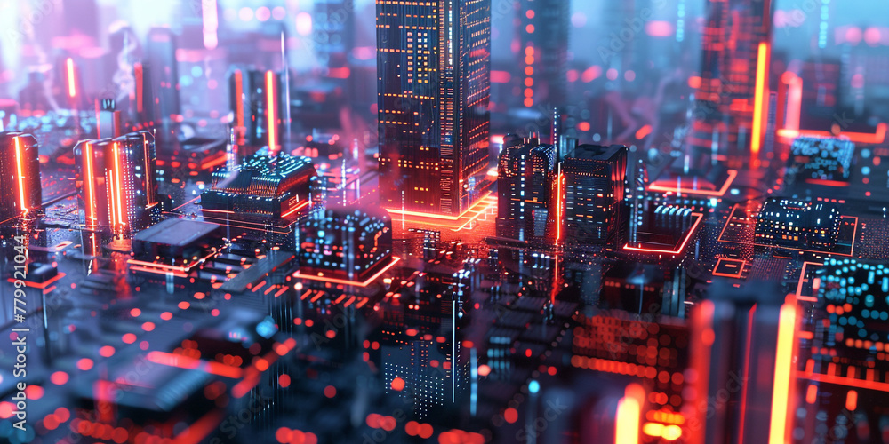 3d illustration of a futuristic micro chips city at night. Computer science and electronics background concept. 3d illustration of a futuristic micro chips city at night. Computer science and electronics background concept.