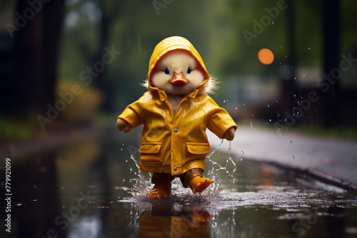 A tiny duckling wearing a raincoat and rain boots, splashing in a puddle.