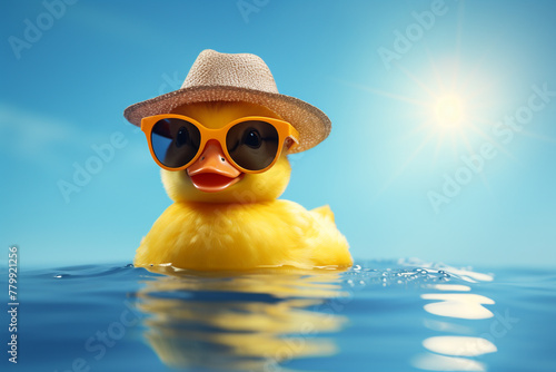 A tiny duckling wearing a sun hat and sunglasses, floating in a rubber duck.
