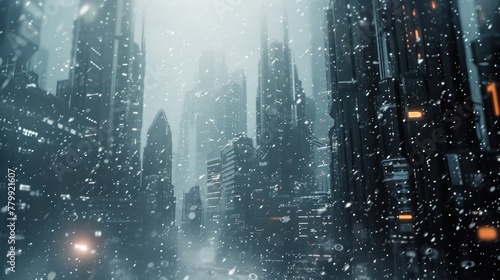 Cold winter with heavy snow of a futuristic city with modern skyscraper buildings. photo