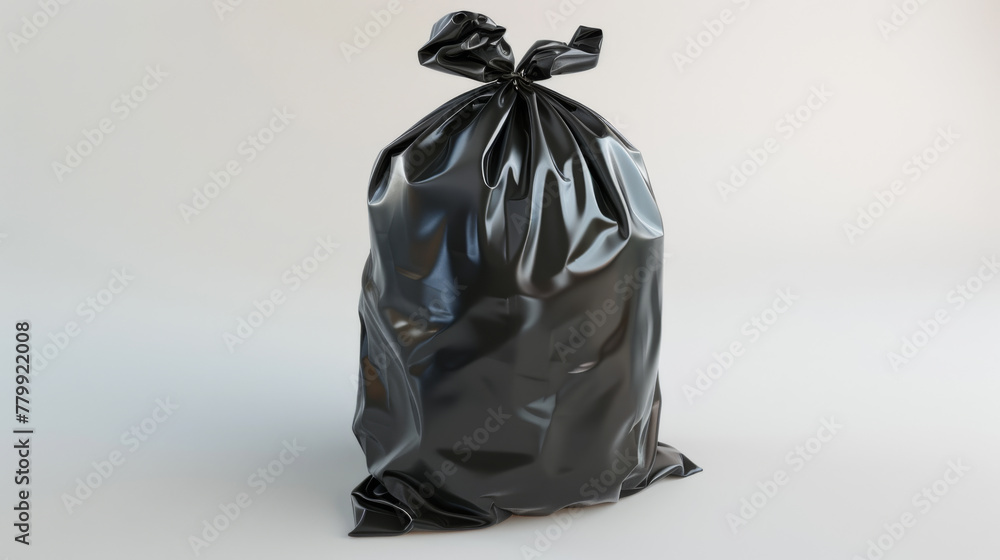 A tightly sealed black garbage bag stands isolated on a white background.
