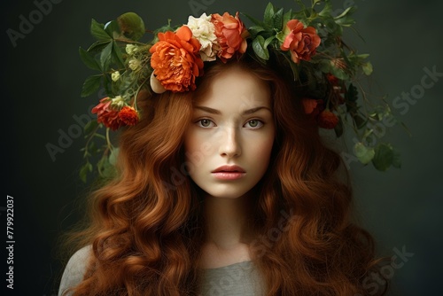 Nature-inspired Serene woman flower crown. Crown model hair beauty face. Generate Ai © juliars