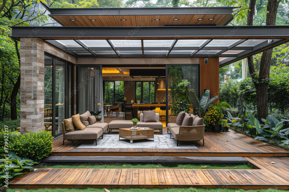 A modern and cozy outdoor living area in the woods, with dark wood floors, concrete fire pit, seating areas, surrounded by lush greenery. Created with Ai