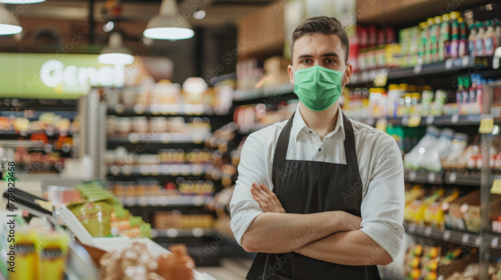 A supermarket worker in a checkered shirt and black apron stands confidently with arms crossed, wearing a green mask in front of grocery shelves.