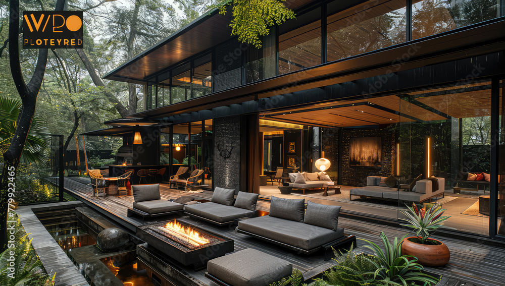 A black modern house with large glass windows and doors, surrounded by lush greenery in the rainforest. Created with Ai