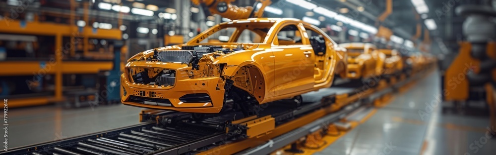 A yellow car moves along a conveyor belt inside a factory