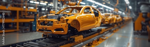 A yellow car moves along a conveyor belt inside a factory