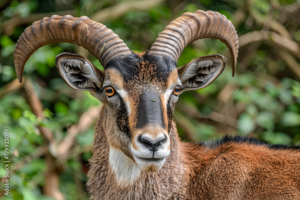 Mouflon, Ovis orientalis, forest horned animal in nature habitat