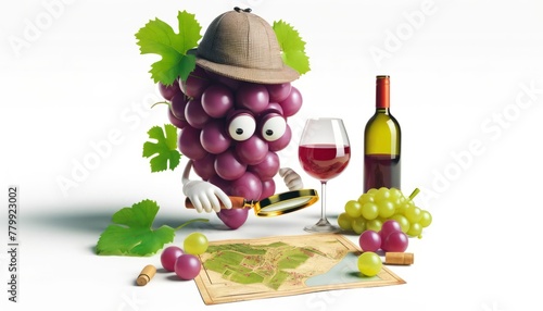 A bunch of grapes and a wine glass with human-like features starring in a detective mystery, unraveling the process of winemaking on a white background.