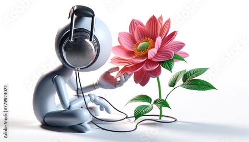 Headphones listening to a blooming flower on a white background, symbolizing the harmony of nature and technology, perfect for themes of environmental consciousness and technological coexistence.