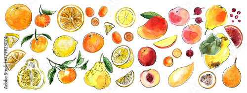 Citrus fruits color sketch in watercolor and ink. Lemon, orange, ugli fruit, tangerine, kumquat