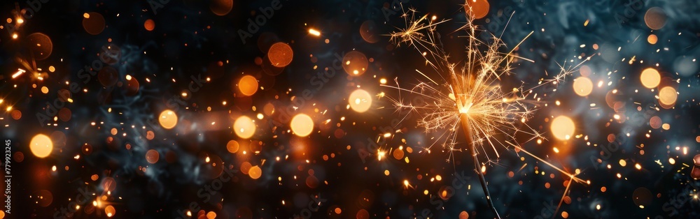 Sparkling Sylvester: Closeup of Sparklers and Bokeh Lights for New Year's Eve Party Celebration Greeting Card Sparkling Sylvester: Closeup of Sparklers and Bokeh Lights for New Year's Eve Party Celebration Greeting Card
