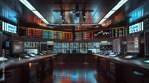 An image of a stock market trading terminal with multiple screens displaying real-time stock quotes photo