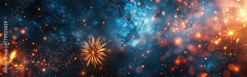 New Year's Eve Fireworks Celebration on Rustic Blue Night Sky Background - Sylvester Festival Party Banner Panorama photo