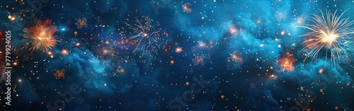 New Year's Eve Fireworks Celebration on Rustic Blue Night Sky Background - Sylvester Festival Party Banner Panorama photo