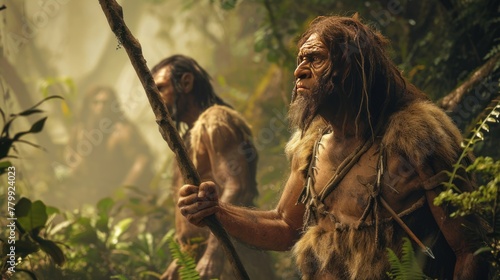 Caveman in prehistoric jungle hunting. Photorealistic.