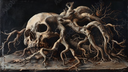 A painting of a skull with roots growing out from it, AI