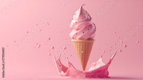 Levitating Pink Ice Cream Scoops with Cone on Pink Background