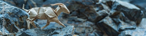 Roaming the realistic rocky terrain, an origami mountain goat expertly navigates the steep slopes, its folded form sturdy and agile photo