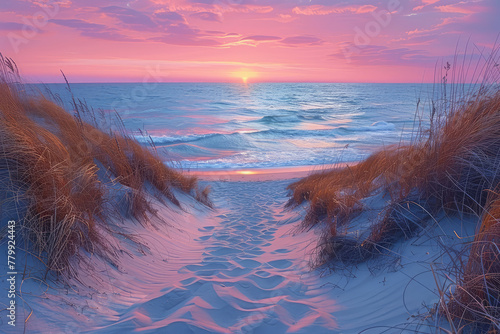 A pink sunrise over the dunes on "Vl landen", with strawberries, sea grasses and snow-covered sand in front. Created with Ai