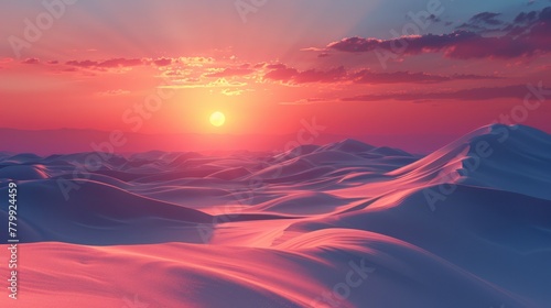 A sunset over a snowy landscape with mountains in the background, AI