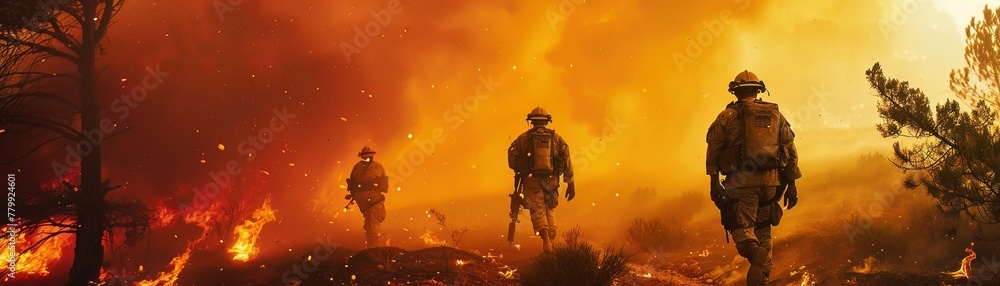 Military engineers constructing a fire resistant barrier to protect a critical facility from wildfire spread Military engineers constructing a fire resistant barrier to protect a critical facility from wildfire spread