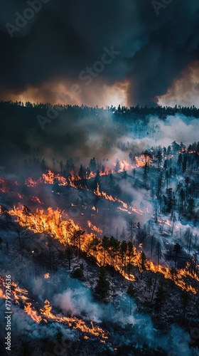 High altitude photograph of a wildfire being managed to create a natural barrier against an advancing force