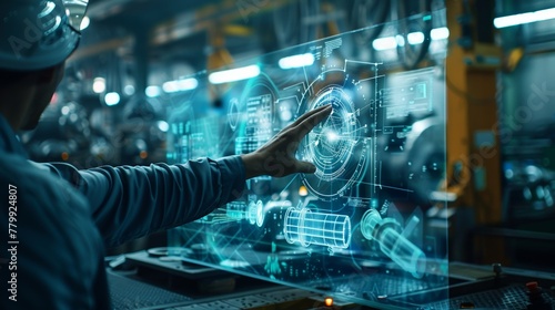 A detailed view of an engineer interacting with a holographic blueprint in a manufacturing plant  emphasizing advanced planning in industry