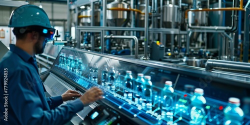 A detailed view of a worker using holographic controls to manage a high-speed bottling line, emphasizing the fusion of technology and production