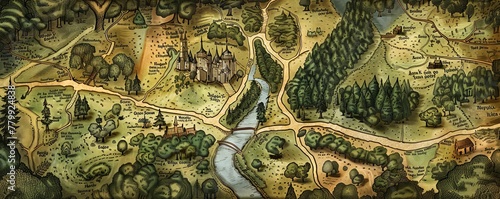 A detailed map of Sherwood Forest, with hidden trails and camps marked by Robin Hood for covert maneuvers photo