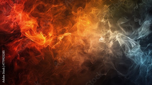 A close up of a colorful background with flames and smoke, AI