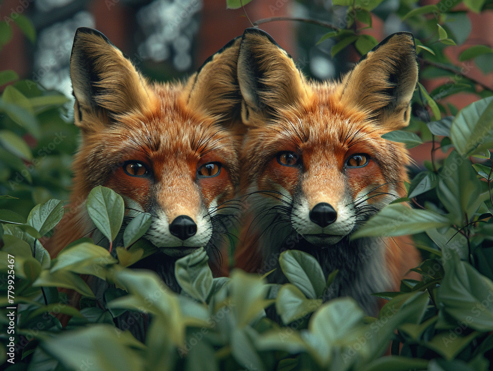 Red Foxes, urban parks, blending into greenery, scavenging for food, adapting to city noises 3D render, overcast lighting, chromatic aberration Red Foxes, urban parks, blending into greenery, scavenging for food, adapting to city noises 3D render, overcast lighting, chromatic aberration