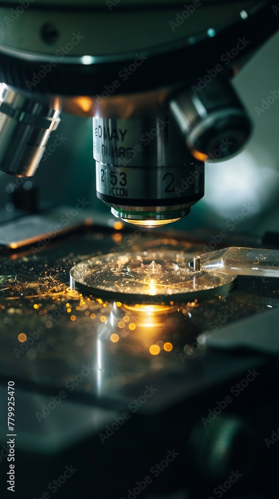 A microscope lens focusing on a slide, revealing the intricate details of a world unseen by the naked eye A microscope lens focusing on a slide, revealing the intricate details of a world unseen by the naked eye