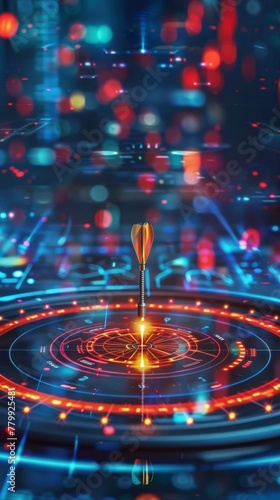 Holographic target interface with a dart in the center, symbolizing precision in a tech company's advertisement