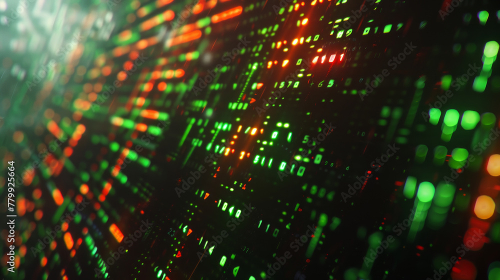 Fototapeta premium A close-up of a stock ticker scrolling rapidly with green and red letters indicating price changes