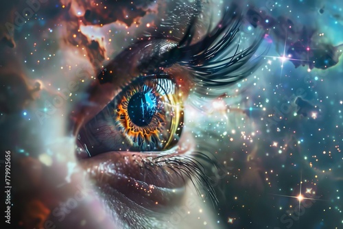 Human eye fading into vast nebula with stars and galaxies, digital art