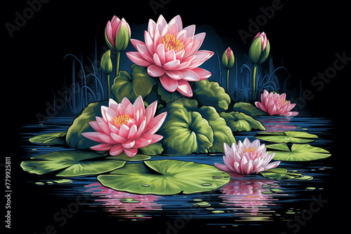 A tranquil pond with water lilies floating on the surface on a blank t-shirt.