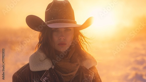 Cowgirl on horseback in wild rugged field in winter with snow.