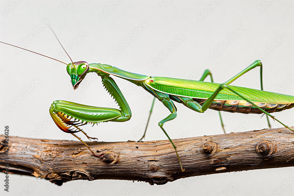 Green praying mantis on a branch Green praying mantis on a branch