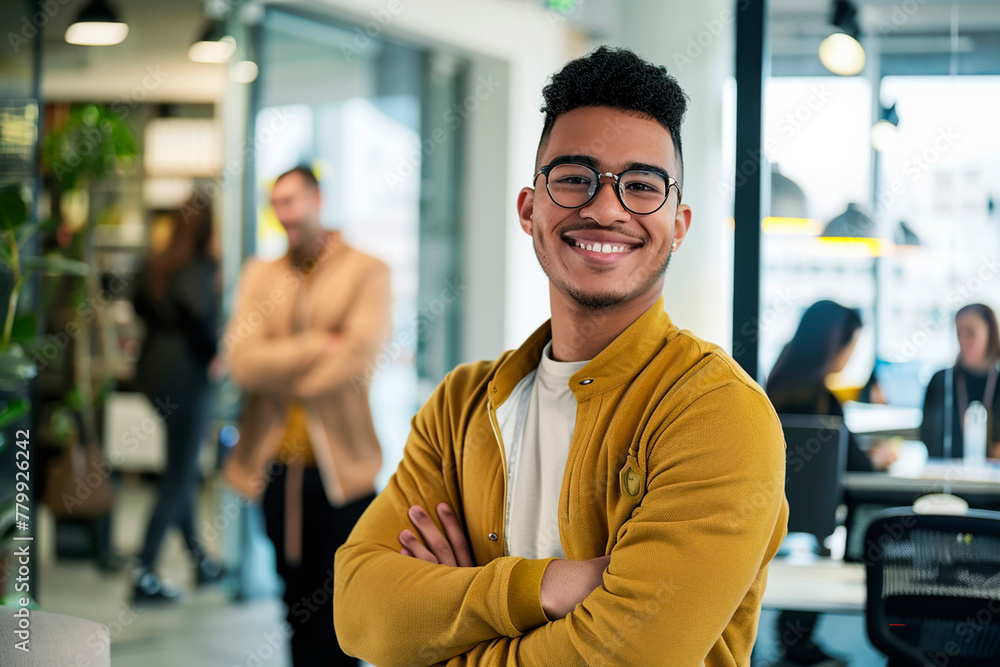 A young successful IT specialist is standing in the office. A young successful IT specialist is standing in the office.