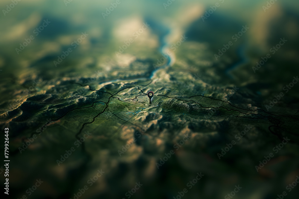 Mysterious Journey: Close-up View of a Map with a Navigation Pin Mysterious Journey: Close-up View of a Map with a Navigation Pin