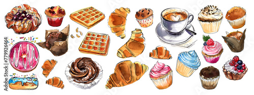 Food sketches. Sweets, pastries, cupcakes, muffins and coffee. Watercolor drawings and ink. 
