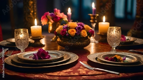 Table exquisitely adorned with flower themes and intricately detailed plates in the Indian style, all set in a romantic candlelit ambiance