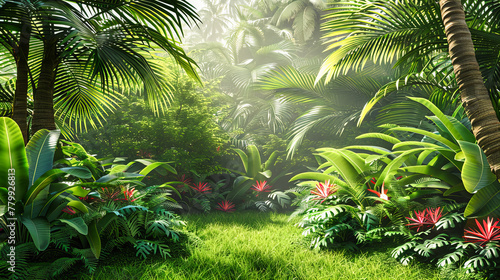 Dense Jungle Landscape, Lush Green Foliage and Trees in a Tropical Forest, Nature Travel and Adventure Background