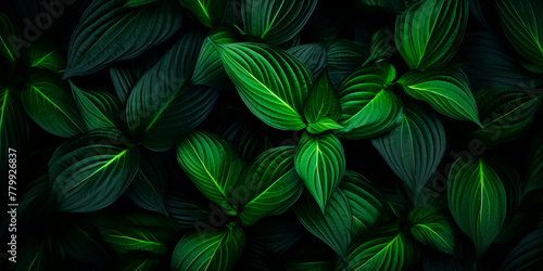 Background of green leaves in dark colors for natural background and wallpaper.