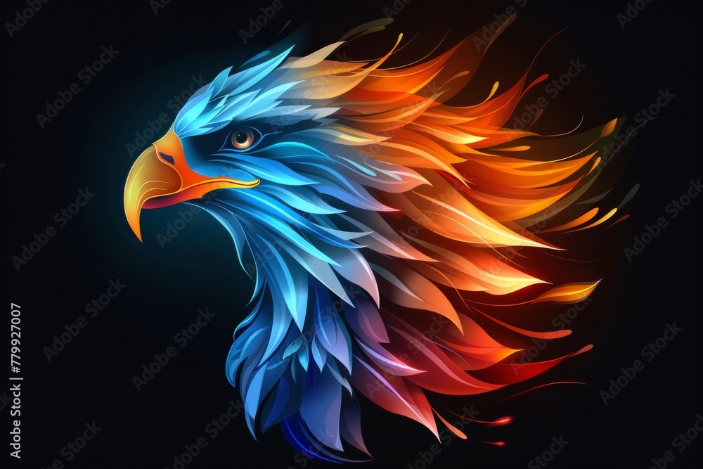 Fototapeta premium A colorful eagle head on a black background. A magical creature made of fire.