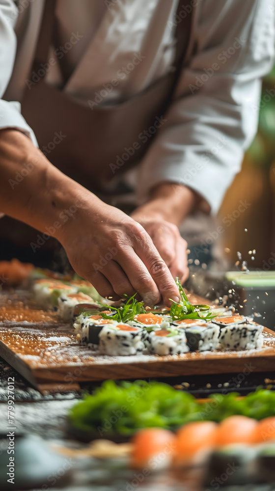 Expert Sushi Chef Elegantly Prepares Sushi Rolls at a Restaurant